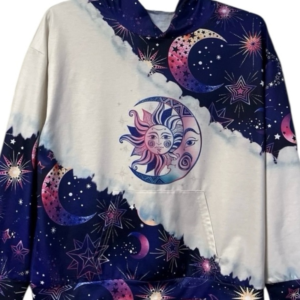 Hoodie ~ Women’s ~ Large ~Moon & Stars ~ White & Multicolored ~Celestial Graphic
